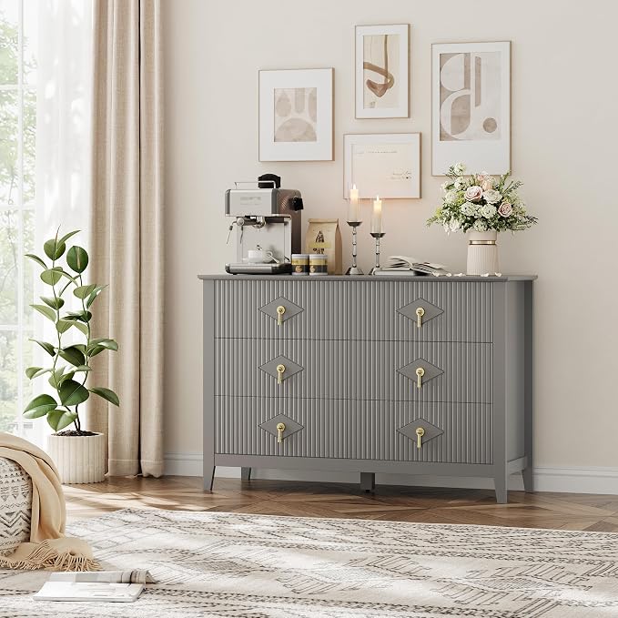 GarveeHome Fluted Dresser for Bedroom, 47.2 Inch Wide 6-Drawer Wood Dresser, Modern Chest of Drawers, Storage Organizer Cabinet for Living Room, Hallway, Entryway, Grey - Image 8