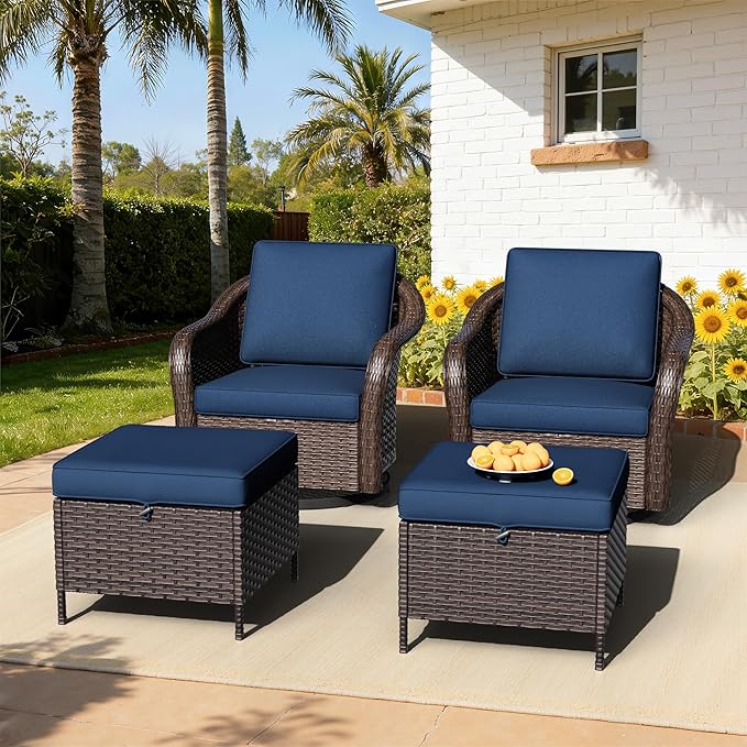 Outdoor Swivel Chairs Set with Ottomans, 4 PCS Patio Conversation Furniture Set with Removable Cushions, All-Weather Wicker Furniture for Porch, Backyard, Deck, Sunroom (Navy Blue)