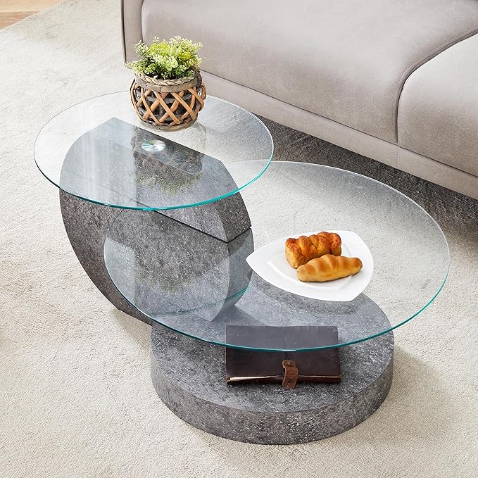 Modern Glass Coffee Table,Small Round Coffee Tables, 35" 3-Tier Circle Wood Coffee Table for Living Room Rustic Circle Center Cocktail Table with Tempered Glass, Unique Accent Table for Small Spaces