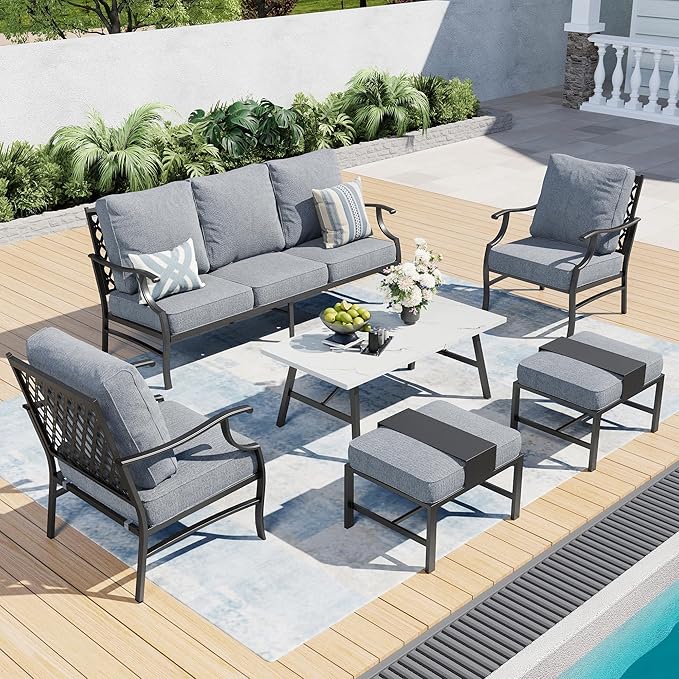 6 Piece Metal Outdoor Patio Furniture Set, Patio Conversation Sets 1 3-seater Sofa, 2 Fixed Chairs, 2 Ottomans with 5.75" Thick Cushion and Coffee Table, Black Backyard Furniture, Gray