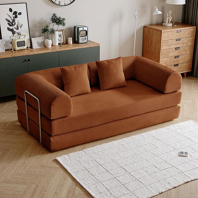 79'' Convertible Compressed Corduroy Folding Cloud Sofa Bed, 5 in 1 Modern Modular Boneless Pull Out Loveseat Sleeper in a Box, No Assembly Floor Futon Couch for Living Room, Orange, Pillows, King