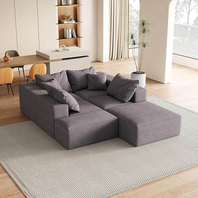 KEIKI 132" Boneless Sofa with Ottoman, L Shaped Corner Couch, Upholstered Corduroy Free Combination Sectional Couch for Living Room, Bedroom, Gray
