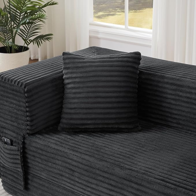 Ball & Cast Modern Upholstered Sofa with 2 Pillows,Boneless Corduroy Couch W/Deep Seat,Convertible Folding Sleeper Sofa Bed for Living Room,Bedroom,Apartment,No Assembly,Dark Gray,78"