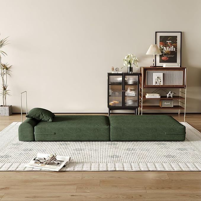 31.5'' Convertible Compressed Corduroy Folding Cloud Sofa Bed Set of 2, 2 Pieces Modern Boneless Pull Out Sleeper Sofa Couch, 3 in 1 Portable Lazy Floor Lounge Chair Set, No Assembly Needed, Green