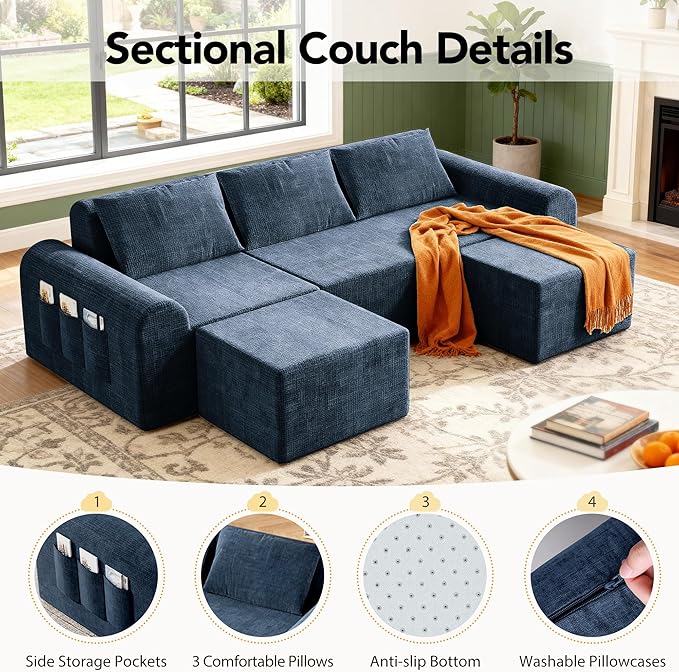 Cloud Modular Sectional Sofa, No Assembly Deep Seat Chenille Couch with 2 Ottomans, 3-Seater Modular Sofa for Living Room, Blue