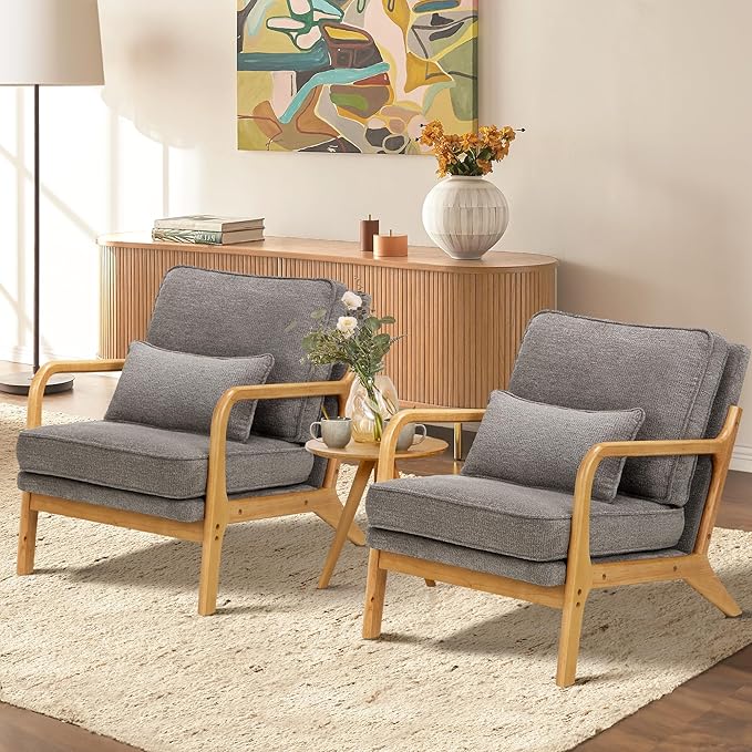 COLAMY Mid Century Modern Accent Chair Set of 2 with Lumbar Pillow, Relaxing Armchair with Solid Wood Frame & Soft Cushion, Reading Leisure Chair for Living Room,(Grey)