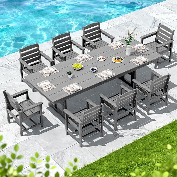 SERWALL 9 Piece Outdoor Dining Set, 84" HDPE Outdoor Table and Chairs for 8,All Weather Patio Furniture Set with Umbrella Hole for Backyard, Garden, Gray - Image 8