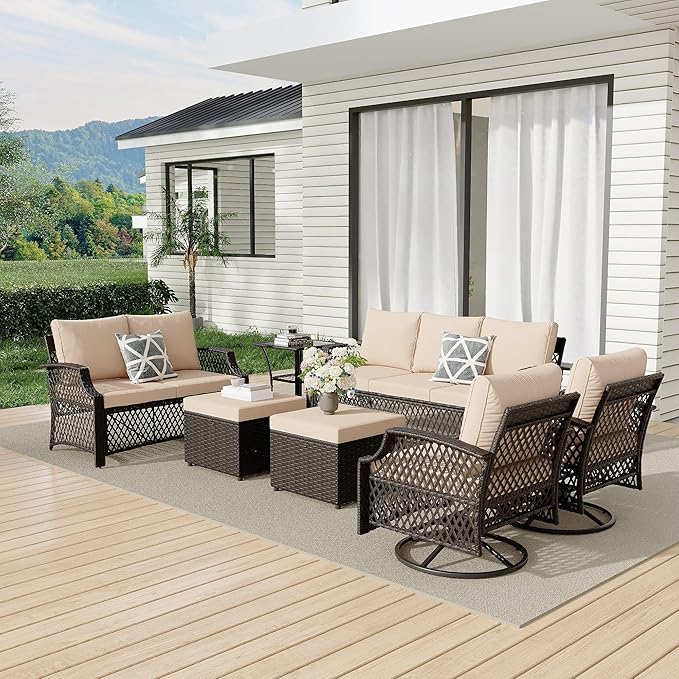 HOMREST 7 Piece Patio Furniture Set, Wicker Outdoor Conversation Sofa Set with Swivel Chairs, 2 Ottomans, Glass Side Table, Rattan Outdoor Sectional for Deck Backyard Porch ๏ผ9 Seats, Khaki
