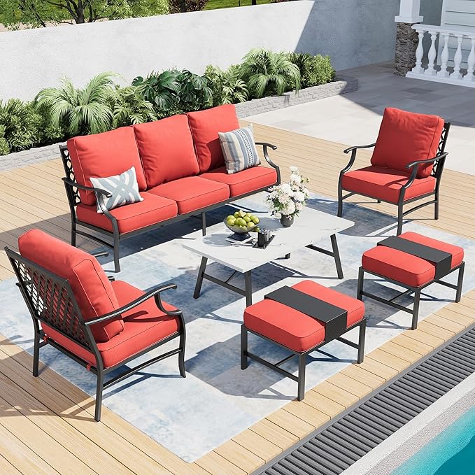 6 Piece Metal Outdoor Patio Furniture Set, Patio Conversation Sets 1 3-Seater Sofa, 2 Fixed Chairs, 2 Ottomans with 5.75" Thick Cushion and Coffee Table, Black Backyard Furniture, Red