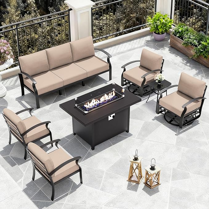 ALAULM Aluminum Patio Furniture Set with Propane Fire Pit Table Metal Outdoor Furniture w/Fire Pit Patio Conversation Sets w/5.1" Cushions and 7 Seats for Patio,Backyard,Poolside-Khaki