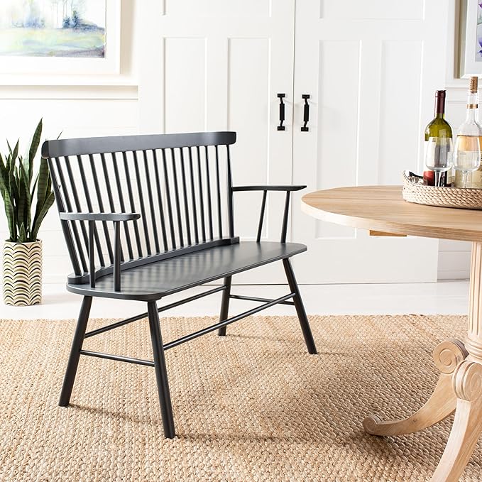 SAFAVIEH Home Collection – Addison Grey Solid Wood Spindle Back Loveseat Bench, Farmhouse Settee for Entryway Living Room or Dining Area (AMH8513C)