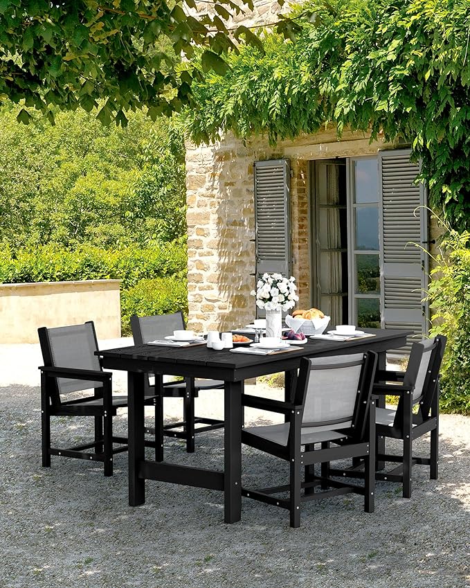 SERWALL 5 Piece Patio Dining Sets, Outdoor HDPE Dining Furniture Set with Umbrella Hole Cut-Out Table and 4 Woven Chairs, Gray - Image 8