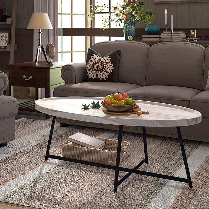 Modern Coffee Table, Oval Wood Coffee Tables Center Table with Metal Leg for Living Room, 47 Inch Living Room Table Accent Furniture (Oval Coffee Table, Nature)