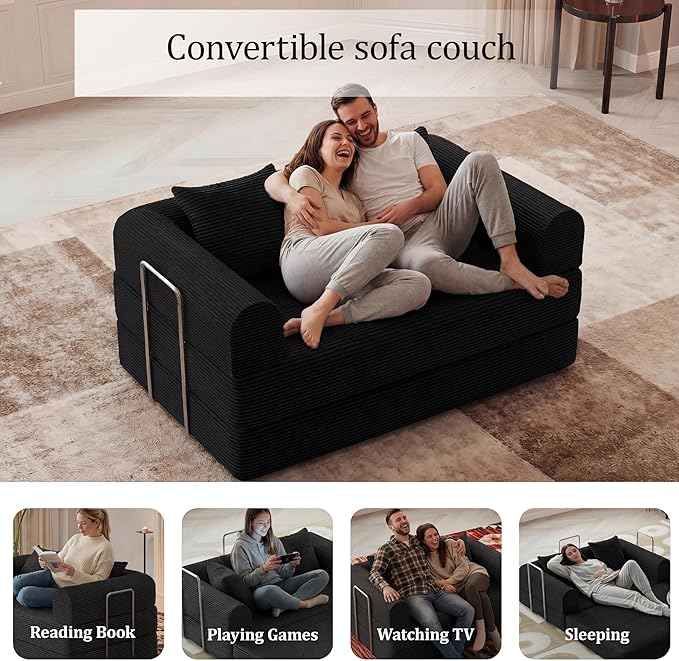 HouseMila 53.15" Boneless Couch,4-in-1 Futon Sofa Bed Modular Loveseat Sleeper Folding Compressed Couch with Pillows,No Assembly Required Convertible Sofa Bed for Living Room Bedroom Guest Room,Black