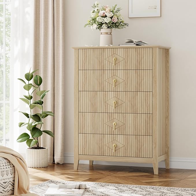 GarveeHome Fluted Dresser for Bedroom, 42.9" Tall 5-Drawer Wood Dresser, Modern Chest of Drawers, Storage Organizer Cabinet for Living Room, Hallway, Entryway, Natural Oak - Image 8