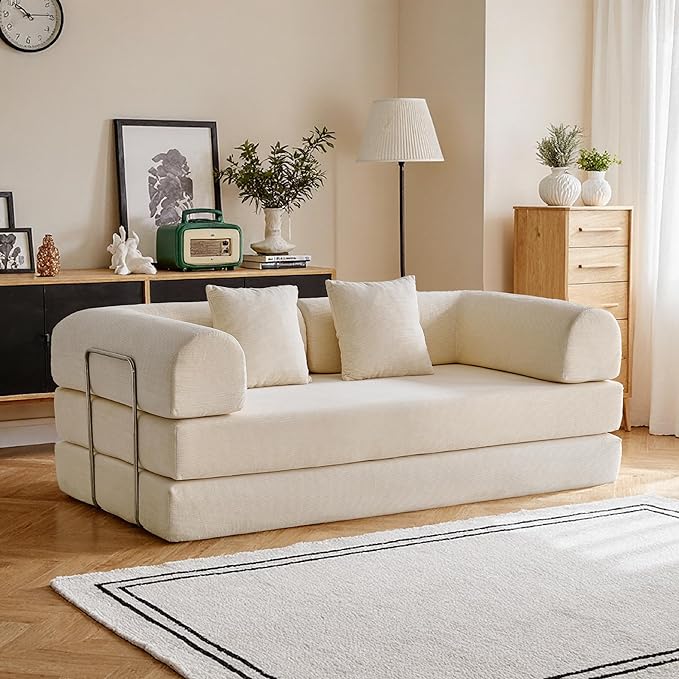 87'' Convertible Compressed Corduroy Folding Cloud Sofa Bed, Modern Modular Boneless Pull Out 3 Seater Sleeper in a Box, 5 in 1 Foldable Floor Mattress Couch, No Assembly Needed, Beige, Pillows, King