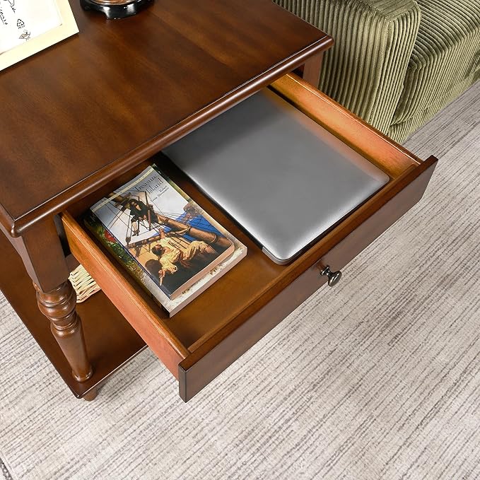 Large End Table with Drawer and Storage Shelf, Solid Wood Sofa Side Table, Slim Beside Table,Telephone for Small Spaces, Living Room, 22.8"L x 22.8"W x 24"H ,No-Tools Assembly,Caramel Brown CJZC008DR