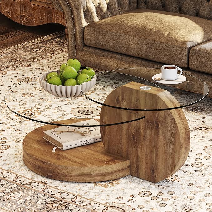 42" Glass Coffee Table, Small Round Coffee Table, 2-Tier Tempered Glass Tabletop with Wooden Base, Modern Center Table for Living Room, Home, Apartment, Ideal for Small Space