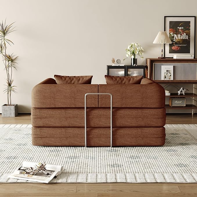 53.15'' Convertible Compressed Corduroy Folding Cloud Sofa Bed, Modern Boneless Pull Out Loveseat Sleeper in a Box, 4 in 1 Floor Mattress Futon Cloud Couch, No Assembly Needed, Caramel, Pillows, Full