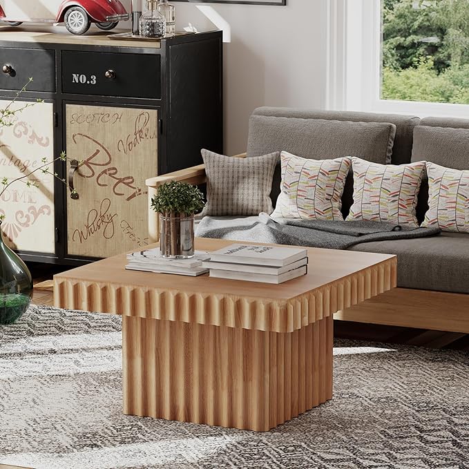 COZAYH Modern Square Fluted Wood Coffee Table with Natural Oak Finish, Geometric Accent Table Chunk Table for Living Room, Sturdy Rectangular Minimalist Centerpiece, Brown, Farmhouse