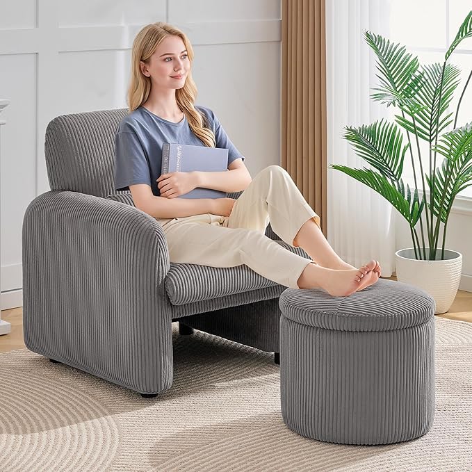 WUTUTUEE Corduroy Accent Chair with Storage Ottoman, Upholstered Armchair with Lumbar Pillow, Flip-Top Ottoman Converts to Coffee Table, Modern Sofa Chair for Living Room, Bedroom, Office, Grey