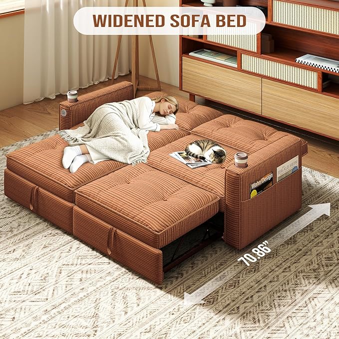 Rovibek 73.2" Convertible Sofa Bed, Pull Out Couch with USB Charging Port & Cup Holders, Adjustable Backrest, Side Pockets, Modern Corduroy Sleeper Sofa for Living Room, Bedroom, Apartment, Orange