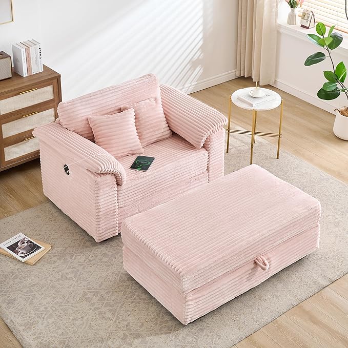 KEIKI 47.24 inch Corduroy Sofa, Wide Corduroy Armchair with Storage Feet and 2 Throw Pillows, Sleeper Couch for Living Room, Apartment, Salon, Home Theater, Pink