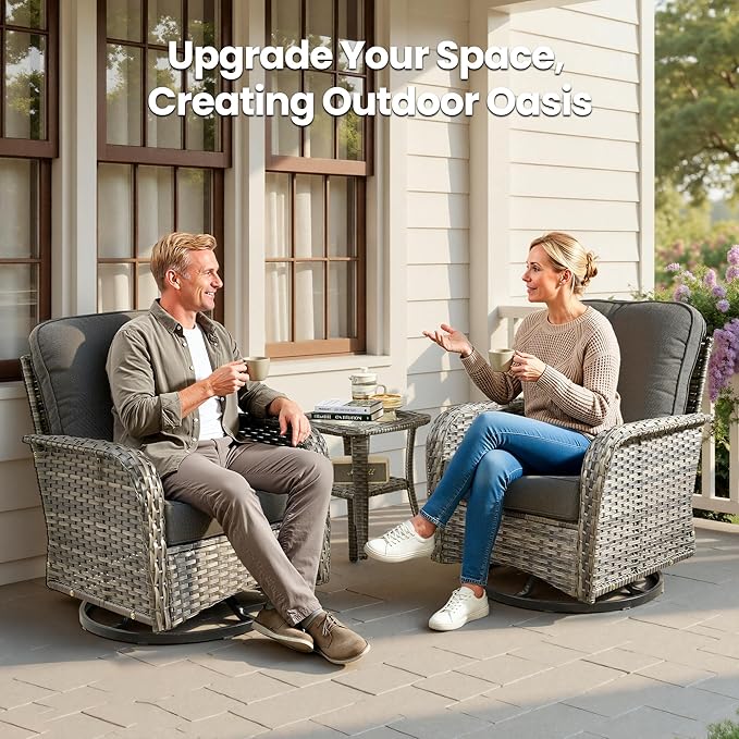 Weaxty Outdoor Swivel Rocker Patio Chairs, 3 Pieces Patio Furniture Set with Rocking Chair and Wicker Side Table, Outdoor Furniture Conversation Set for Porch, Deck, Yard, Balcony, Black