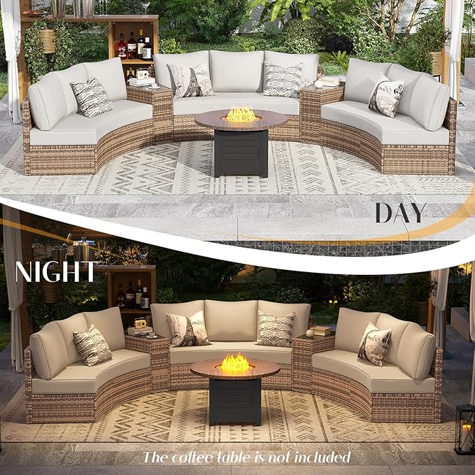 PaPaJet 11-Piece Patio Furniture Set with Large Storage Wedge Table, Half-Moon Wicker Sectional Sofa with Cushions, Waterproof Rattan Outdoor Conversation Set for Beach, Pool, Garden & Balcony, Beige