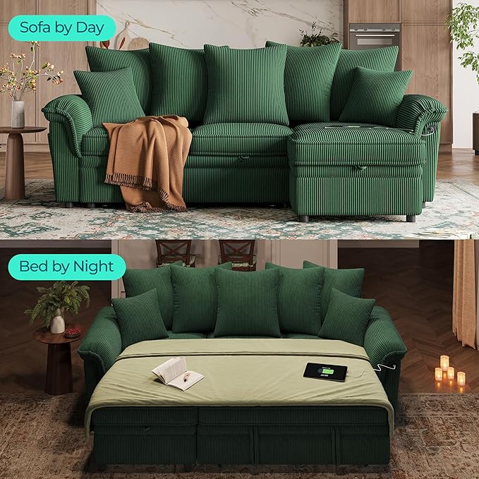 LINSY HOME 90.5'' Sectional Sleeper Sofa with Pull Out Couch Bed Modular (Green, 90.5'') | USB Charging, Pillow-style Armrest, Multiple Cushions, Storage Chaise, Corduroy Fabric