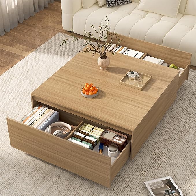 43 Inch Large Square Coffee Table with Storage,Modern Wooden Coffee Table with 2 Drawers Storage for Living Room,Mid Century Tea Table/Aesthetic Coffee Tables Center Table for Home Office(Oak)