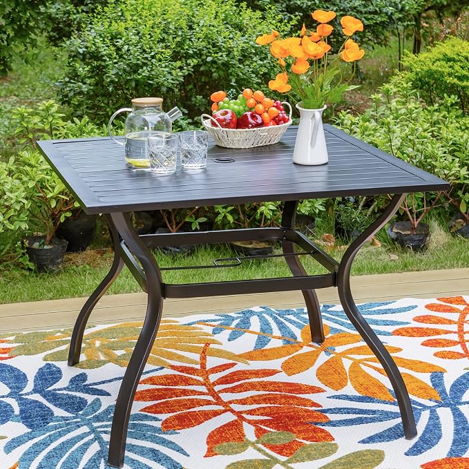 PHI VILLA 37" Patio Table for 4, Metal Outdoor Dining Table with E-Coating, Square Steel Slated Outdoor Table with 1.57" Umbrella Hole for Garden Backyard, Black - Image 8