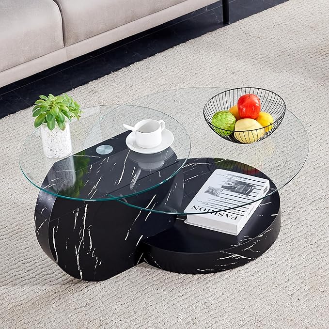 35.4" Glass Coffee Table, Round Coffee Table, 2-Tier Tempered Glass Tabletop with Black Faux Marble Base, Modern Center Table for Living Room, Home, Apartment, Ideal for Small Space