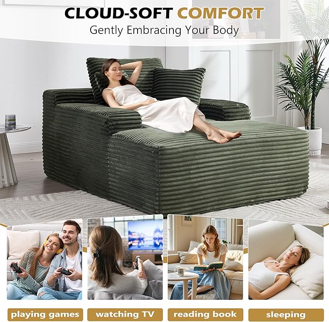 KEIKI 67" Corduroy Chaise Lounge Chair Sofa Bed with 9.9'' Wide Armrests, Oversized Sleeper Sofa, Deep Seat Lounge, Three Pillows, Convertible, No Assembly Required for Living Room, Green