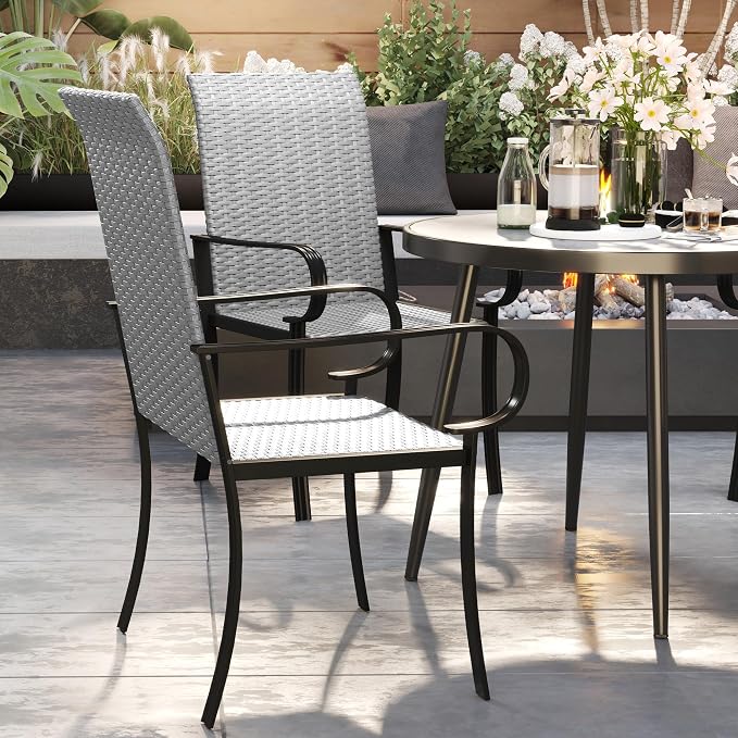 Outsunny Set of 4 Outdoor Wicker Dining Chairs, All-Weather Rattan Armchairs with Armrests, Steel Frame, High Back and Deep Seating, for Garden, Patio, Deck, Yard, Poolside, Gray - Image 9