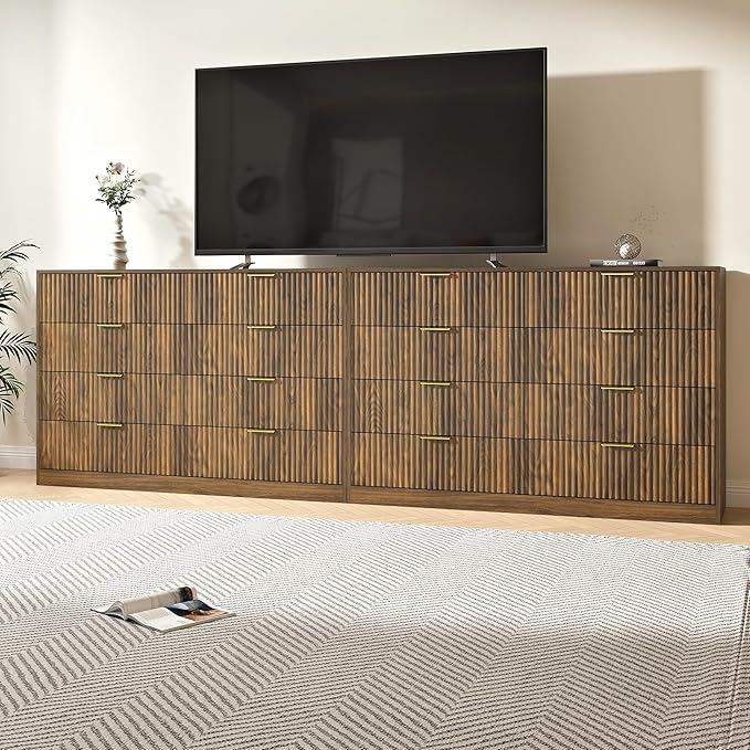 Dresser for Bedroom Set of 2, Large Dresser with 16 Drawers, Fluted Modern Bedroom Furniture Set, TV Stand Dressers & Chests of Drawers for Closet, Walnut(15.7" D x 110.2" W x 36" H)