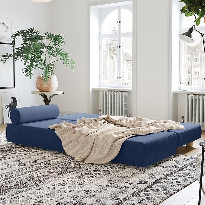 Jaxx Alon Daybed - Fold-Out Sleeper Chaise with Premium Memory Foam Queen-Size Mattress - Made in The USA - Indigo