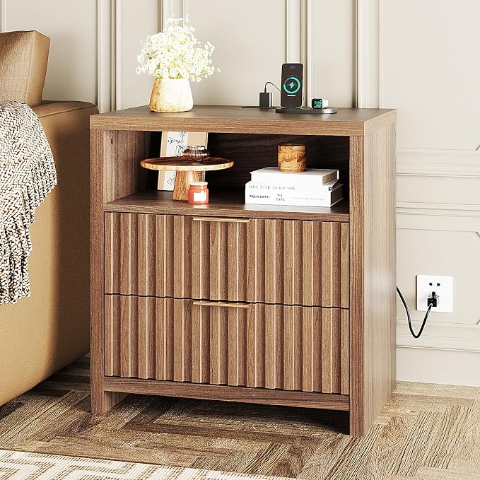 VINGLI Fluted Nightstand Set of 2 with Charging Station, 23.6" W Mid Century Modern Nightstand for Bedroom, 2 Drawer Bedside Table, End Tables Bedroom, Wood Side Table, Brown - Image 9