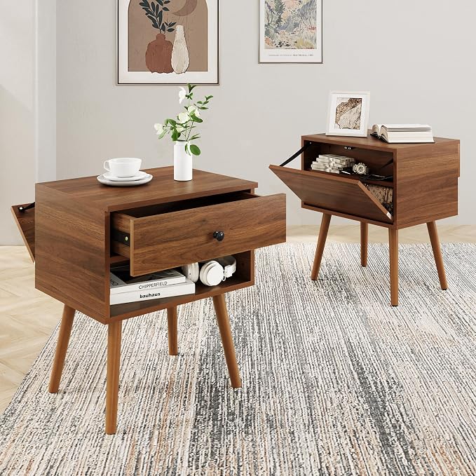 Hidden Compartment Night Stand Set 2, Mid Century Modern Concealment Furniture, End Table with Storage Drawer, Bedside Table with Wood Legs for Bedroom (2,Walnut) - Image 8