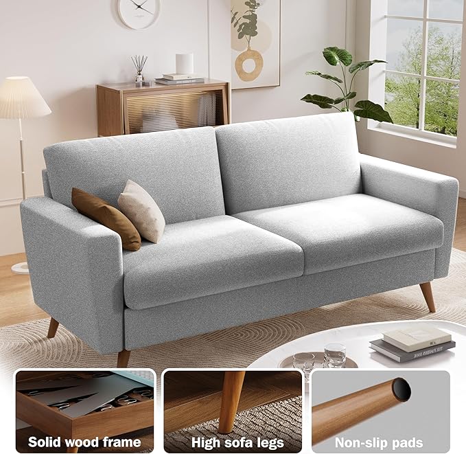 Vipbear 68" Loveseat Sofa Light Gray Fabric Couch, Mid-Century Modern Loveseat Comfy Sofa with Spring Cushion, Solid Wood Frame, Tool-Free Assembly (Light Gray, Fabric)