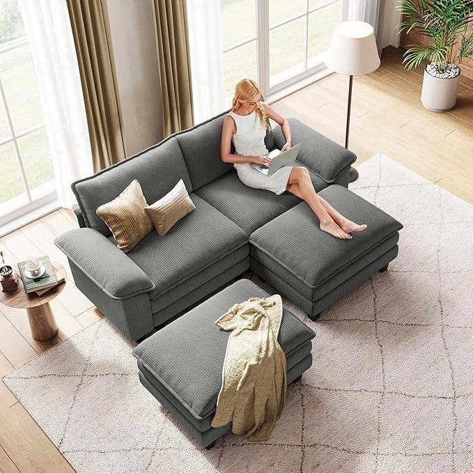 LINSY HOME Modular Sectional Sofa - 90 Inch Oversized Corduroy Cloud Couch with Movable Ottoman Soft Modern Comfy Sofa Set for Living Room Apartment Office, Grey
