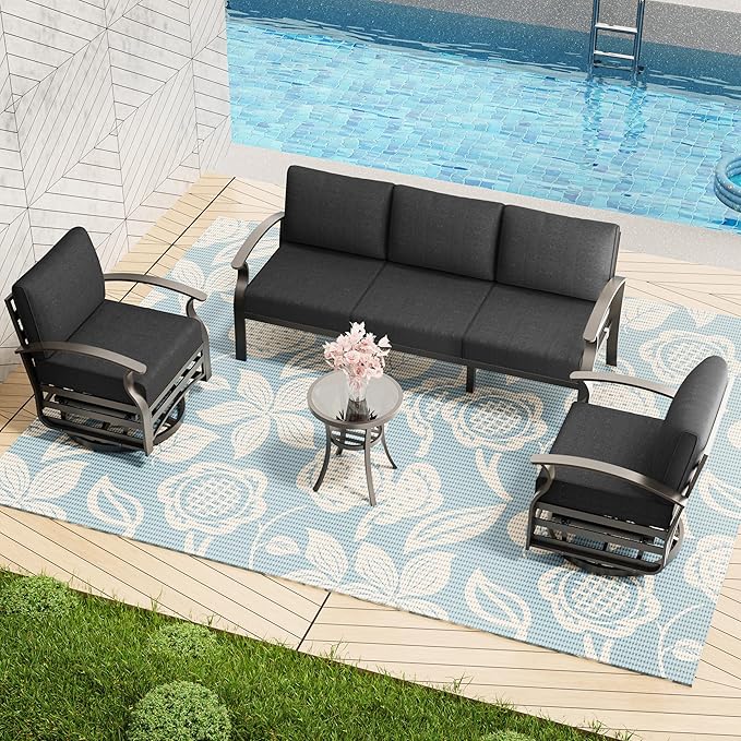 Patio Furniture Set 3-Piece Aluminum Armrest Sofa, All-Weather Patio Conversation Set with Tempered Glass Top Table & Removable Sponge Cushions for Backyard Poolside - Black.