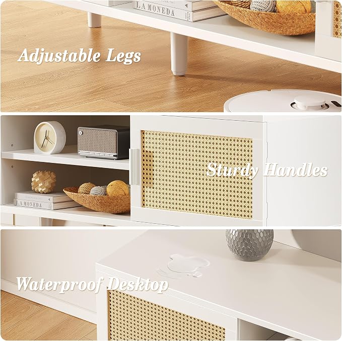 SUPERJARE TV Stand for 65 Inch TV, Entertainment Center with Adjustable Shelf, Rattan TV Console with 2 Cabinets, Media Console, Solid Wood Feet, 4 Cord Holes, for Living Room, White - Image 9