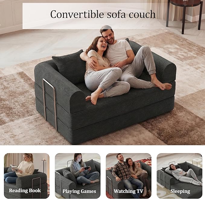 HouseMila 53.15" Boneless Couch,4-in-1 Futon Sofa Bed Modular Loveseat Sleeper Folding Compressed Couch with Pillows,No Assembly Required Convertible Sofa Bed for Living Room Bedroom Guest Room,Grey