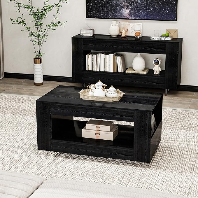 39" Wood Coffee Table for Living Room, Sides Storage with Transparent Legs, Minimalist Modern 2-Tier Storage Shelf Center Table for Home Office, Apartment, Black