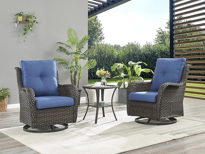 Rilyson Wicker Rocking Chair Swivel Chairs – 6 Piece Rocker Patio Furniture Set Rattan Rocking Bistro Sets with Glass Top Side Table for Outdoor Porch Deck Garden Backyard(Brown/Blue)