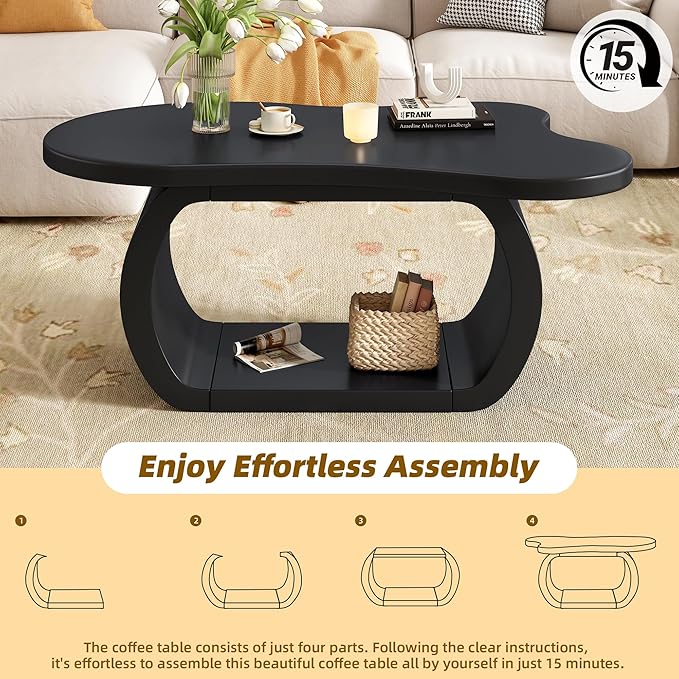 Merax Modern Cream Style Irregular Coffee Table with Round Edge & Shelf, Wood Cloud Accent Center End Tables for Living Room, Reception Room, Apartment, Easy Assemble, Black