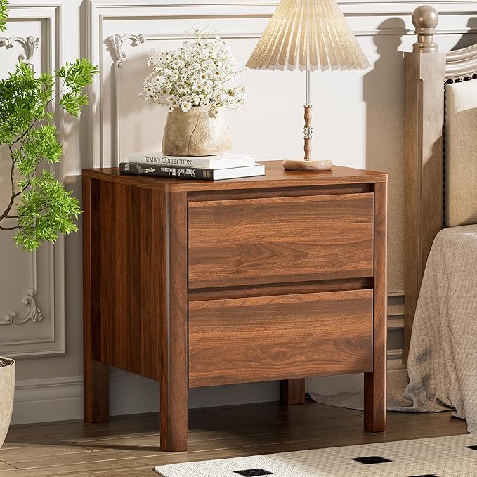 Furniway Mid Century Walnut Nightstand with 2 Drawers, Modern Wooden Bedside Table with Hidden Handles and Solid Wood Legs for Bedroom - Image 7