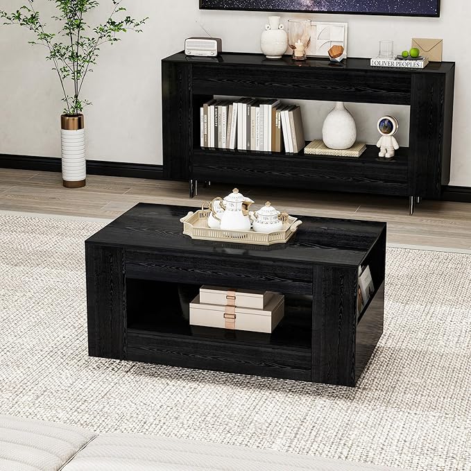 35" Wood Coffee Table for Living Room, Sides Storage with Transparent Legs, Minimalist Modern 2-Tier Storage Shelf Center Table for Home Office, Apartment, Black