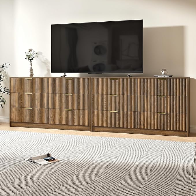 Walnut Dresser Set of 2, Long Dresser for Bedroom Wooden with 12 Drawers, Fluted Modern Bedroom Furniture Set, TV Stand Dressers & Chests of Drawers for Closet (15.7"D x 110.2"W x 31.8"H)